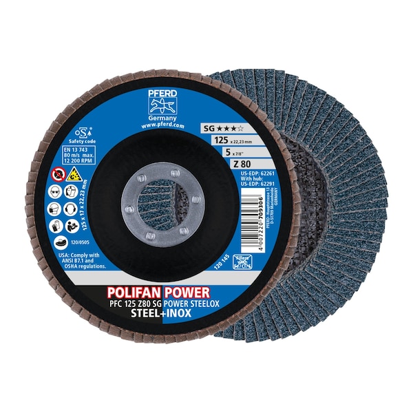 Pferd 5" x 7/8" A.H. POLIFAN Flap Disc - Z SG POWER STEELOX, Zirconia, 80 Grit, Conical 62261 - main